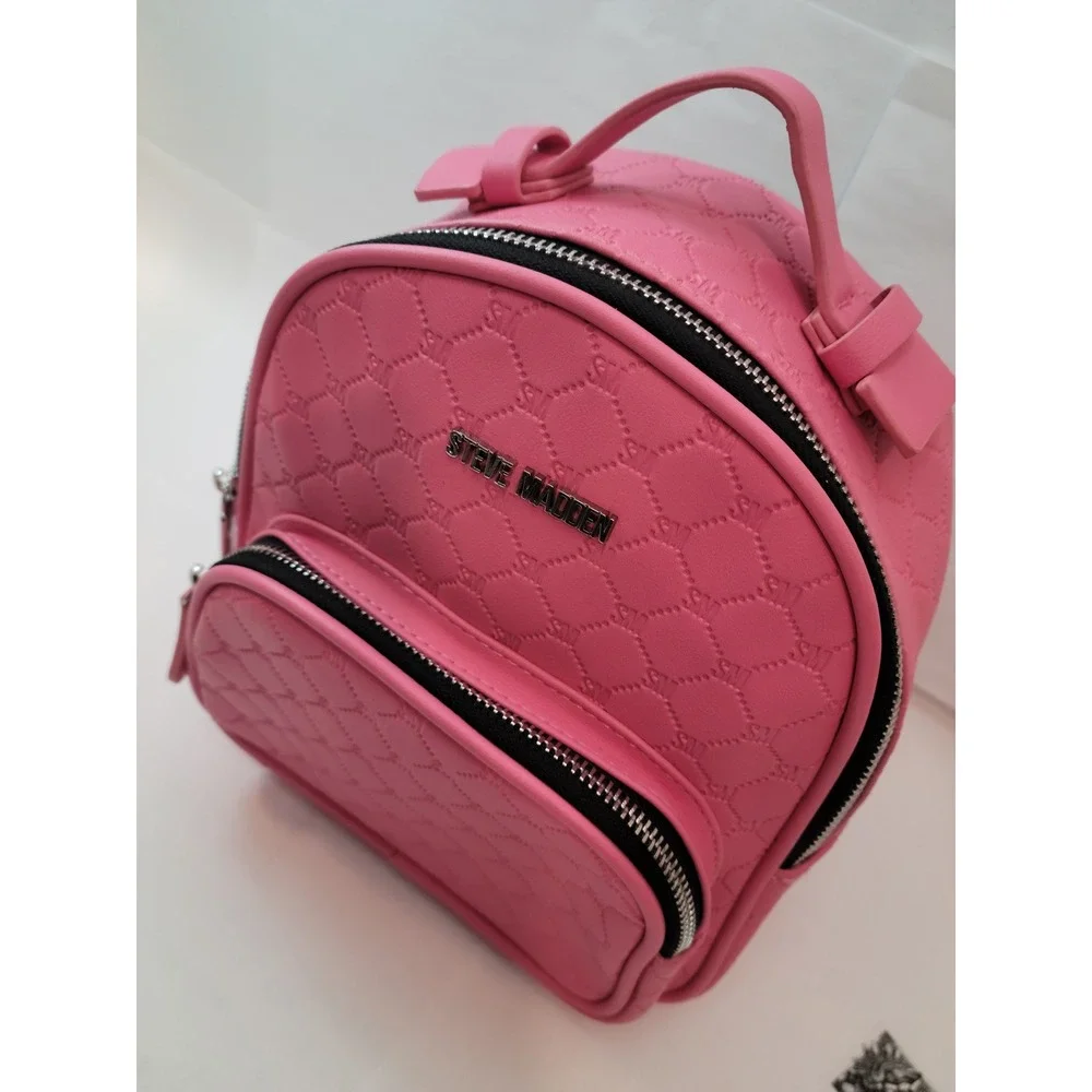 Steve‎ Madden Mini Backpack Women Pink Quilted Monogram Logo Embossed Small Bag